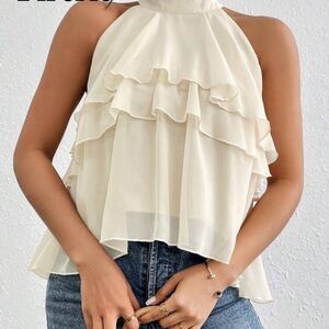 Elegant Cream Ruffle Halter Top